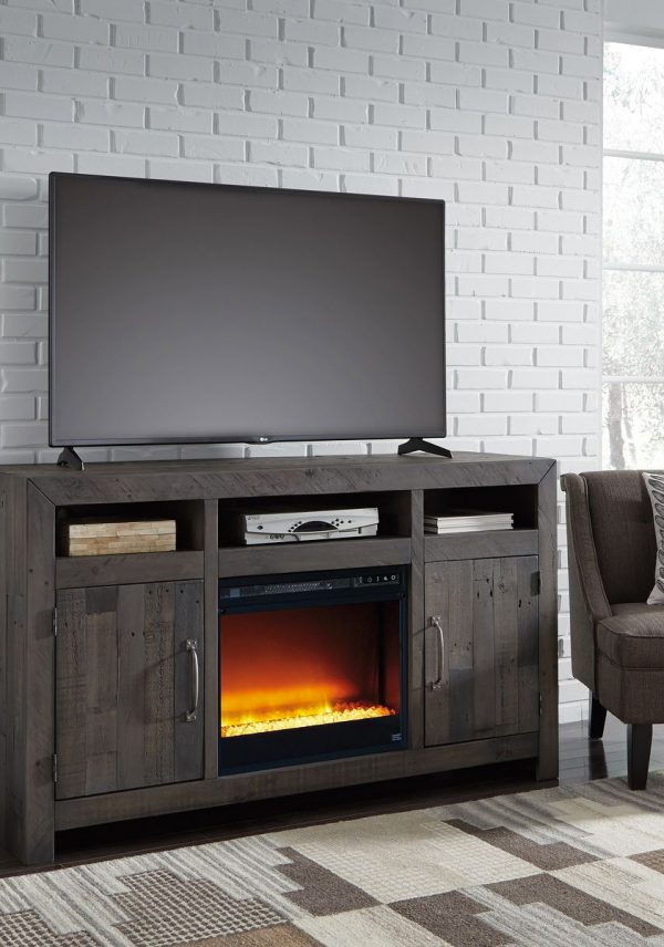 Mayflyn - Charcoal - Large  TV Stand with Glass/Stone Fireplace Insert